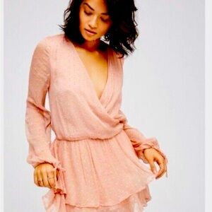 Free People Pink Swiss Dot Chiffon Mini Dress. Size Small